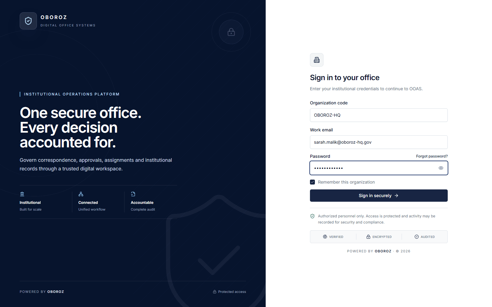 OAS secure sign-in interface